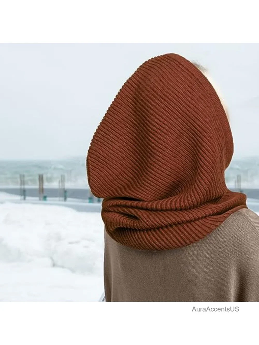 Knit Balaclava Hooded Scarf Hat with Drawstring